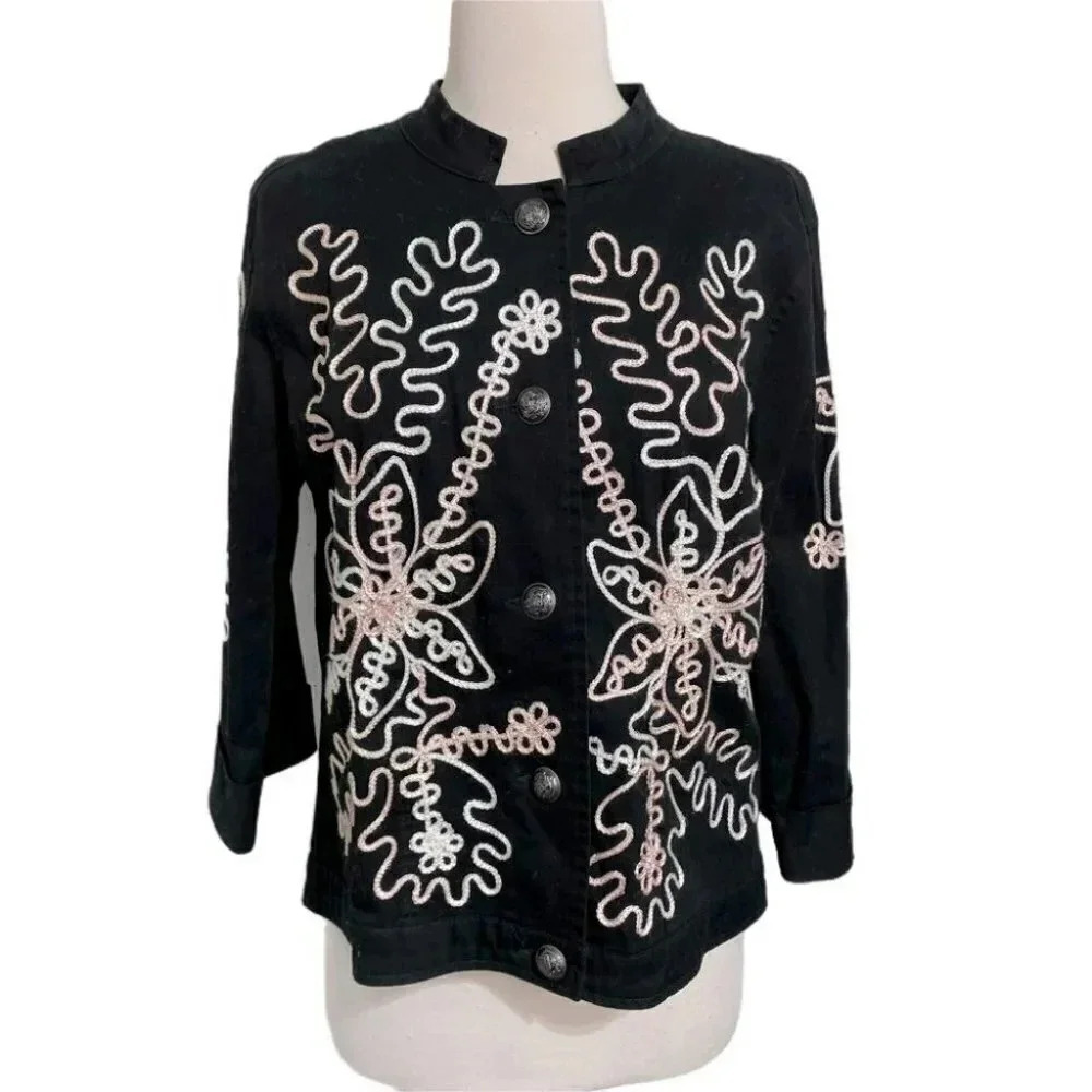 Once Again L black/white/pink‎ embroidered mandolin collar cotton stretch jacket